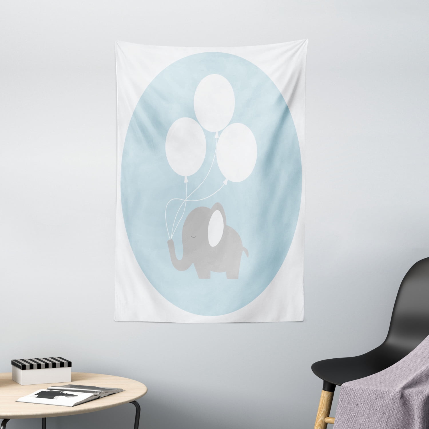 Elephant Nursery Decor Tapestry, Little Baby Elephant with Big Balloons