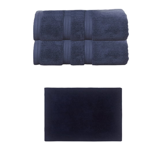 Home Weavers Luxury Collection 100% Soft Cotton Super Absorbent 2 Pcs Bath Towel Set & 1 Pc 17x24" Bath Rug, Machine Washable & Non Slip (Set of 3), Navy