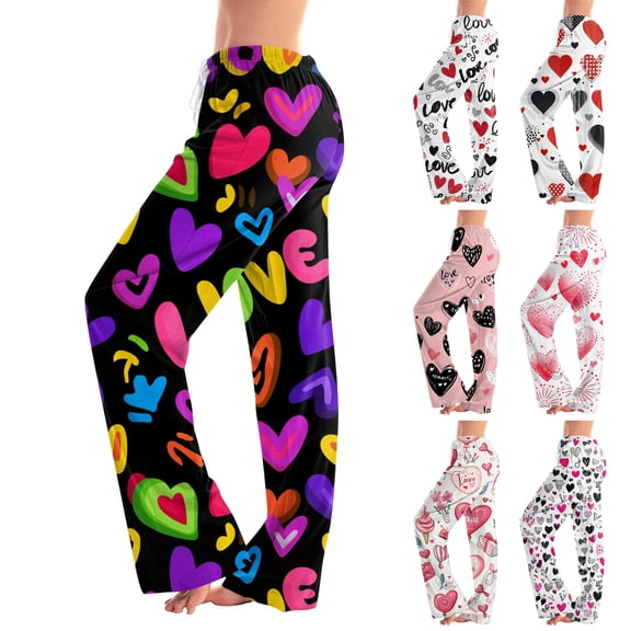 Youpwaven Women's Valentine's Day Glitter Heart Print Sleep Pants - Soft Pajama Pants for Women, Drawstring Waist Cute Loungewear for Valentine's Celebrations