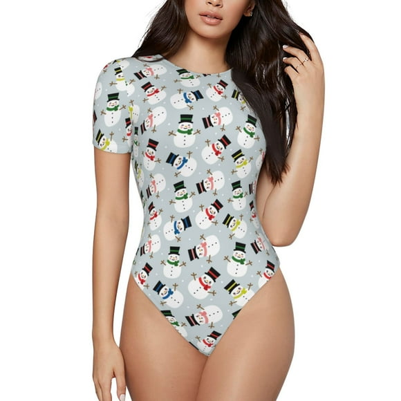 Fotbe Colorful Hat Snowman Body de Mujer con Cuello Redondo y Mangas Cortas, Sin Mangas Ajustado, Suave, Cómodo y Básico-Medium