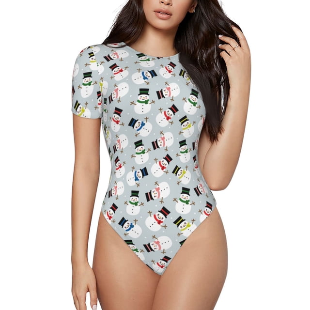 Fotbe Colorful Hat Snowman Body de Mujer con Cuello Redondo y Mangas Cortas, Sin Mangas Ajustado, Suave, Cómodo y Básico-Medium