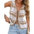 thumbnail image 3 of Women'S Sleeveless Striped Sweater Vest V Neck Tie Front Crochet Knit Tank Tops Khaki S, 3 of 9