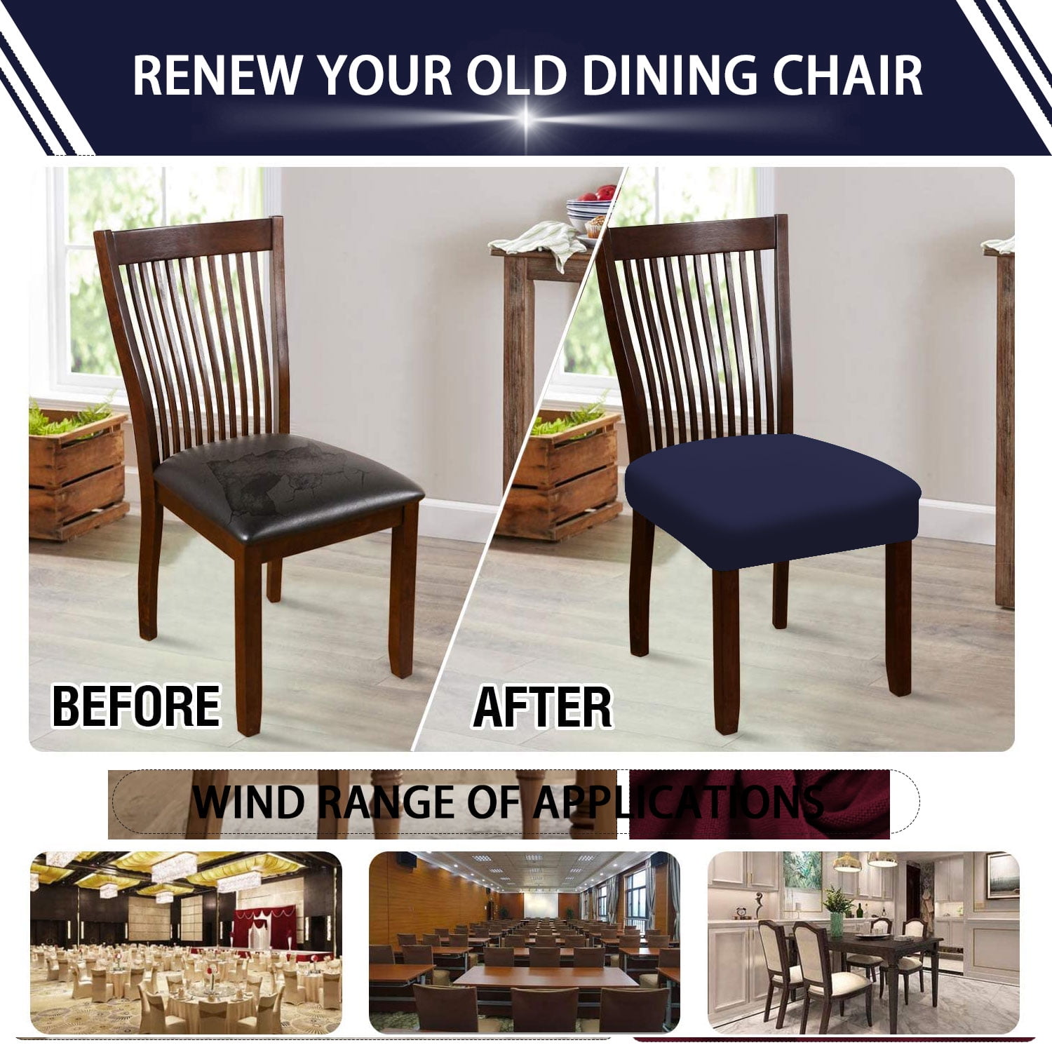 4 Pack Navy Stretch Chair Seat Covers for Dining Room, Anti-Dust Kitchen Chair Protector Slipcovers, Dinning Upholstered Office Chair Seat Cushion Slipcovers Protectors