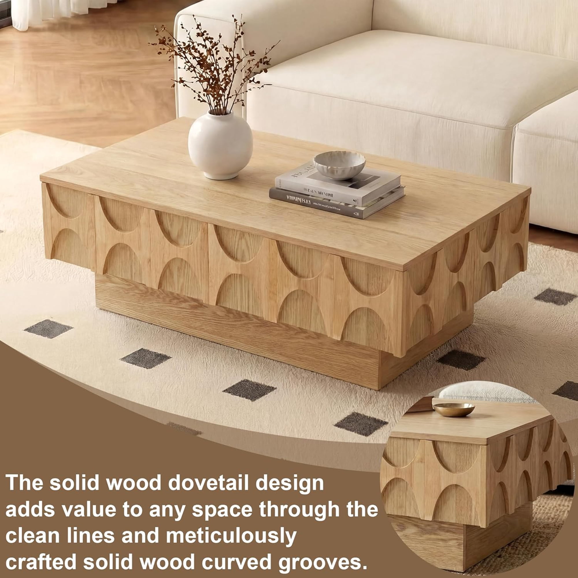 LKTART 38.6" Mid Century Modern Coffee Table with Sliding Top  Hidden Storage, Solid Wood Veneer Rectangle Center Table for Living Room Home, Natural