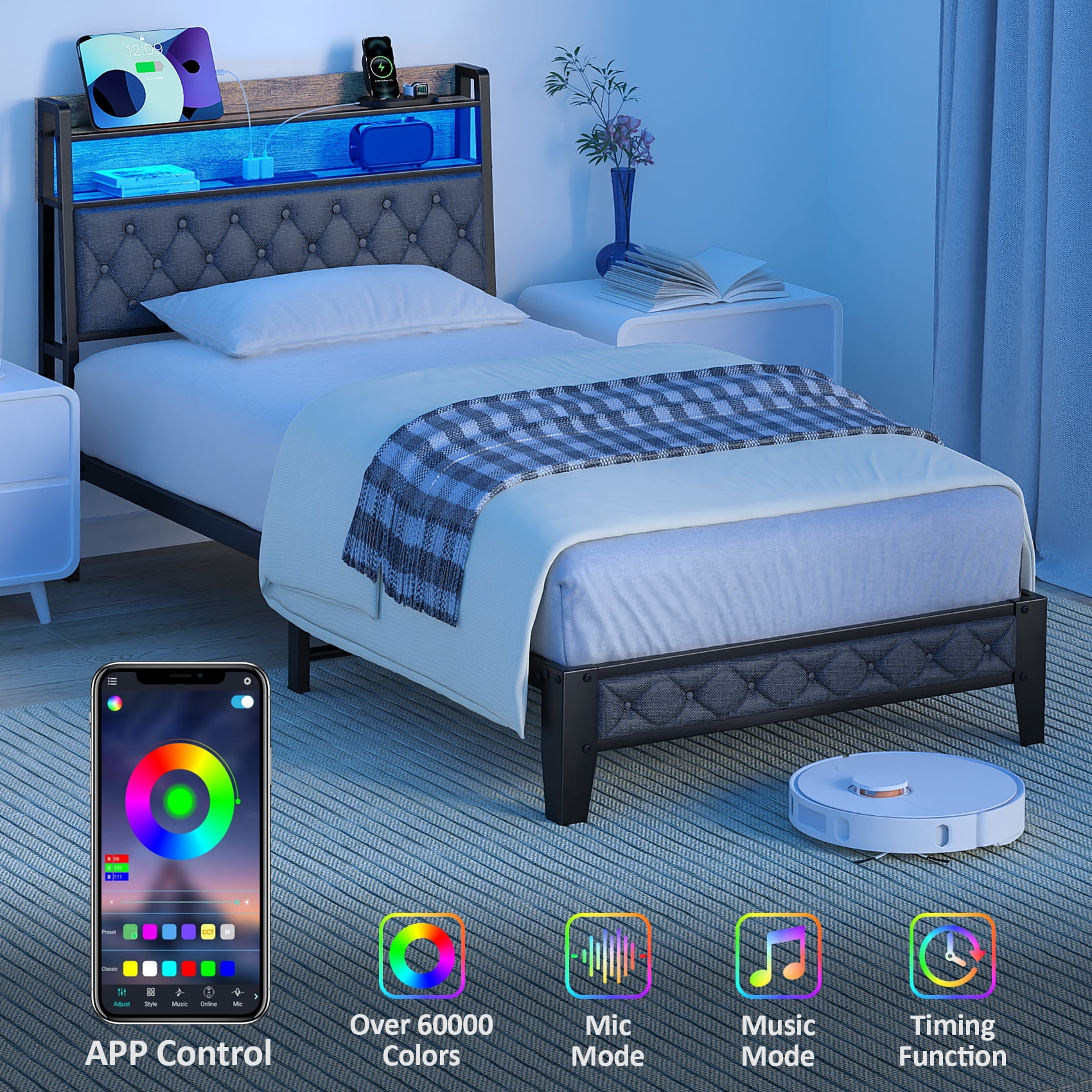 Frmobepts Twin Bed Frame with LED Light, Power Outlets & USB Charging Port, Upholstered Headboard with Storage, Metal Platform Bed, Gray