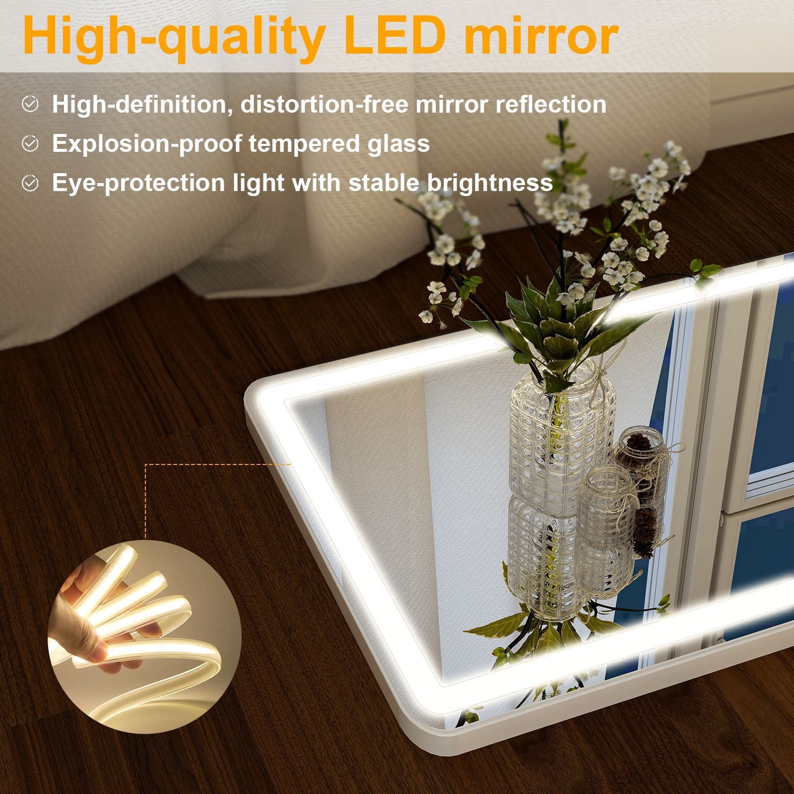 Easy4Home 60" x 16" LED Rectangular Full Length Mirror with Adjustable Lights Standing Mirror Wall Mounted, White