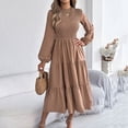thumbnail image 6 of DeHolifer Women Dresses Solid Color Long Sleeve Crewneck Maxi Dress A-Line Swing Flowy Long Dress Khaki M, 6 of 7