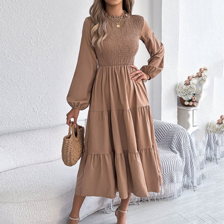 Guluxicc Burgundy Midi Dress for Women Mock Neck Smocked Long Lantern Sleeve Tiered Ruffle A Line Wedding Guest Dress