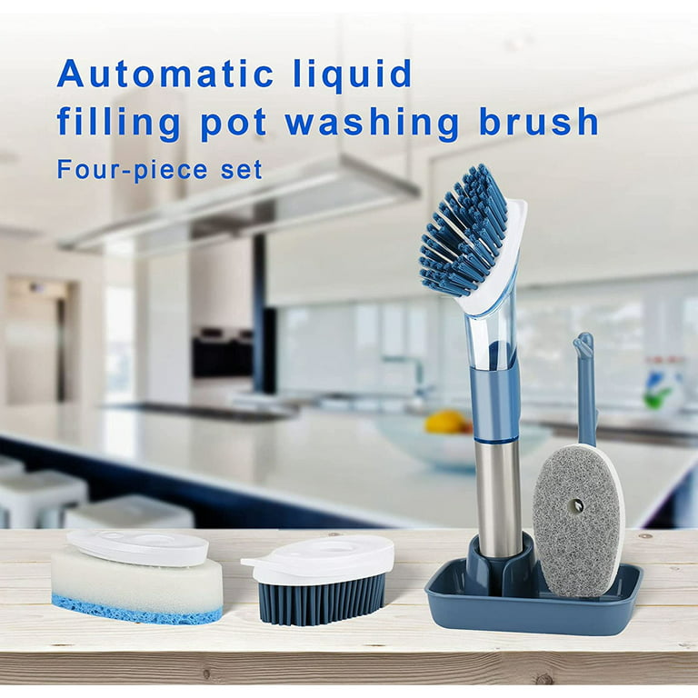 CQT Soap Dispensing Dish Brush Storage Set, Dish Scrubber with Handle,  Kitchen Washing Brush for Pot Pan Sink Cleaning, Kitchen Brush with Holder  and