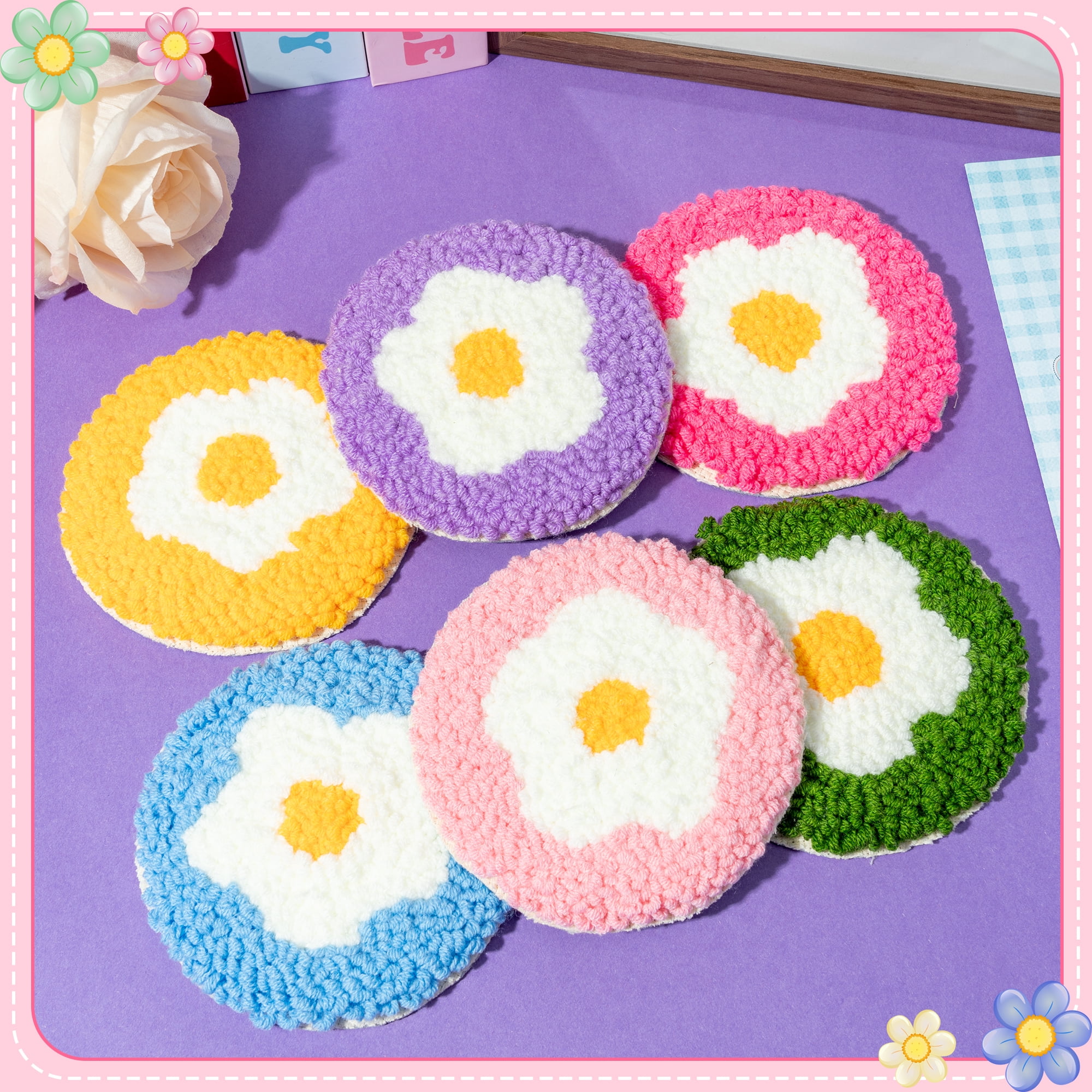 Belanttega Flower Punch Needle Coaster Kit - 22Pcs Art Work Decor Craft Supply for Beginners, DIY Set of 6 Flowers Pattern Tufted Rug Pads with Adhesive Felt Yarns Embroidery Hoop Tools Instruction