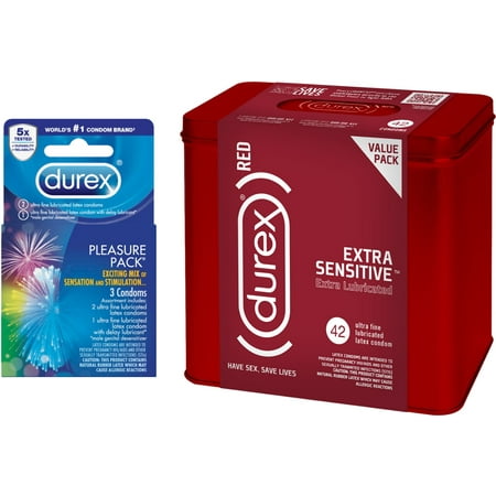 - Durex RED Condom Extra Sensitive (42 count) and Durex Pleasure Pack Assorted Condoms (3 Count), Natural Latex 1 ea