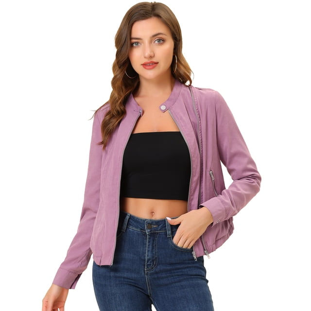 Chaqueta corta de motociclista Allegra K Piel sintética asimétrica Rosa oscuro L