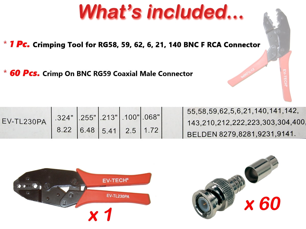 Evertech Professional Coaxial Crimping Tool with 60 Pcs BNC Crimp Connector for Siamese RG59