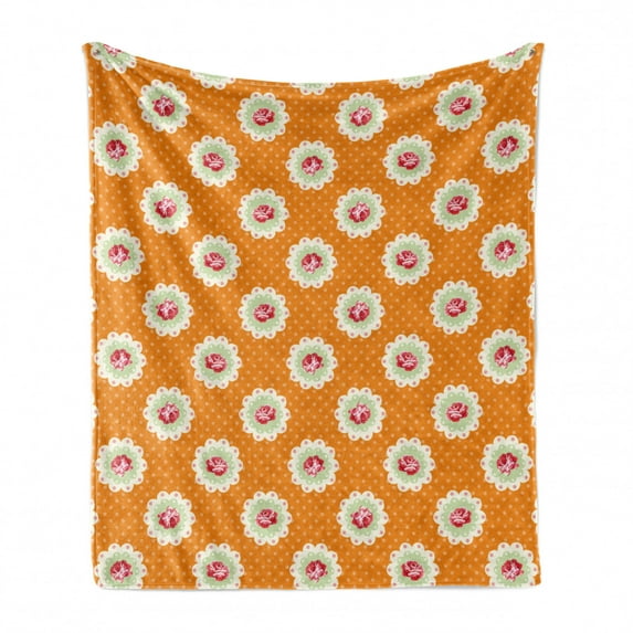 Floral Soft Flannel Fleece Blanket, Repeated Rose Flowers in Vintage Design Motifs on Polka Dotted Background, Cozy Plush for Indoor and Outdoor Use, 50" x 70", Orange and Multicolor, by Ambesonne