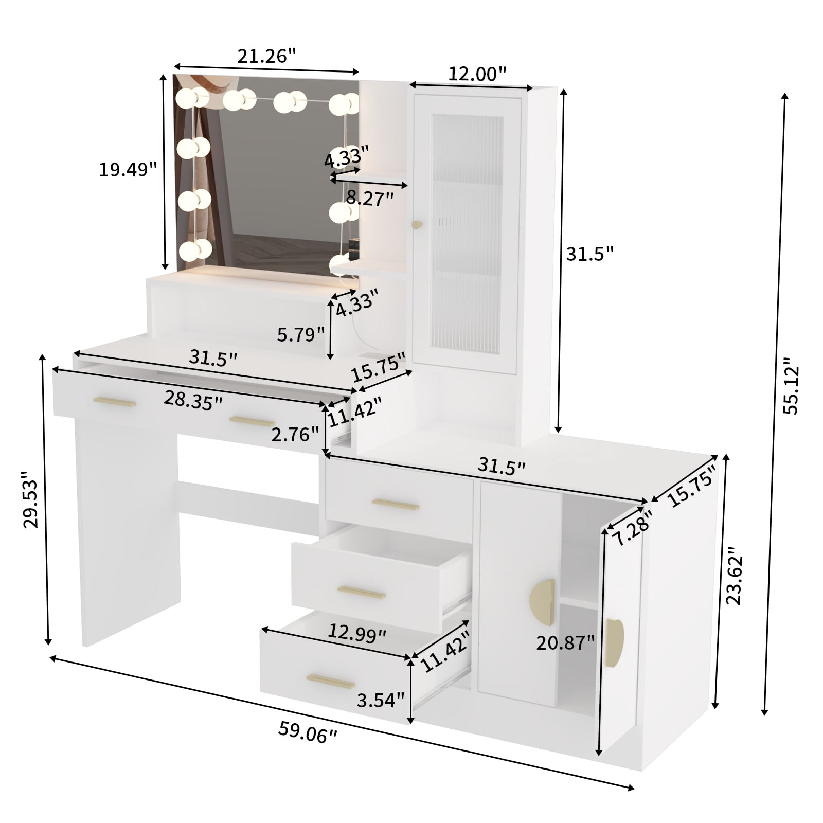 Ktaxon Makeup Vanity with 4 Drawers&Charging Station, Vanity Table Desk with 3 Color Light, Dressing Table w/ 2 Door Cabinet, White