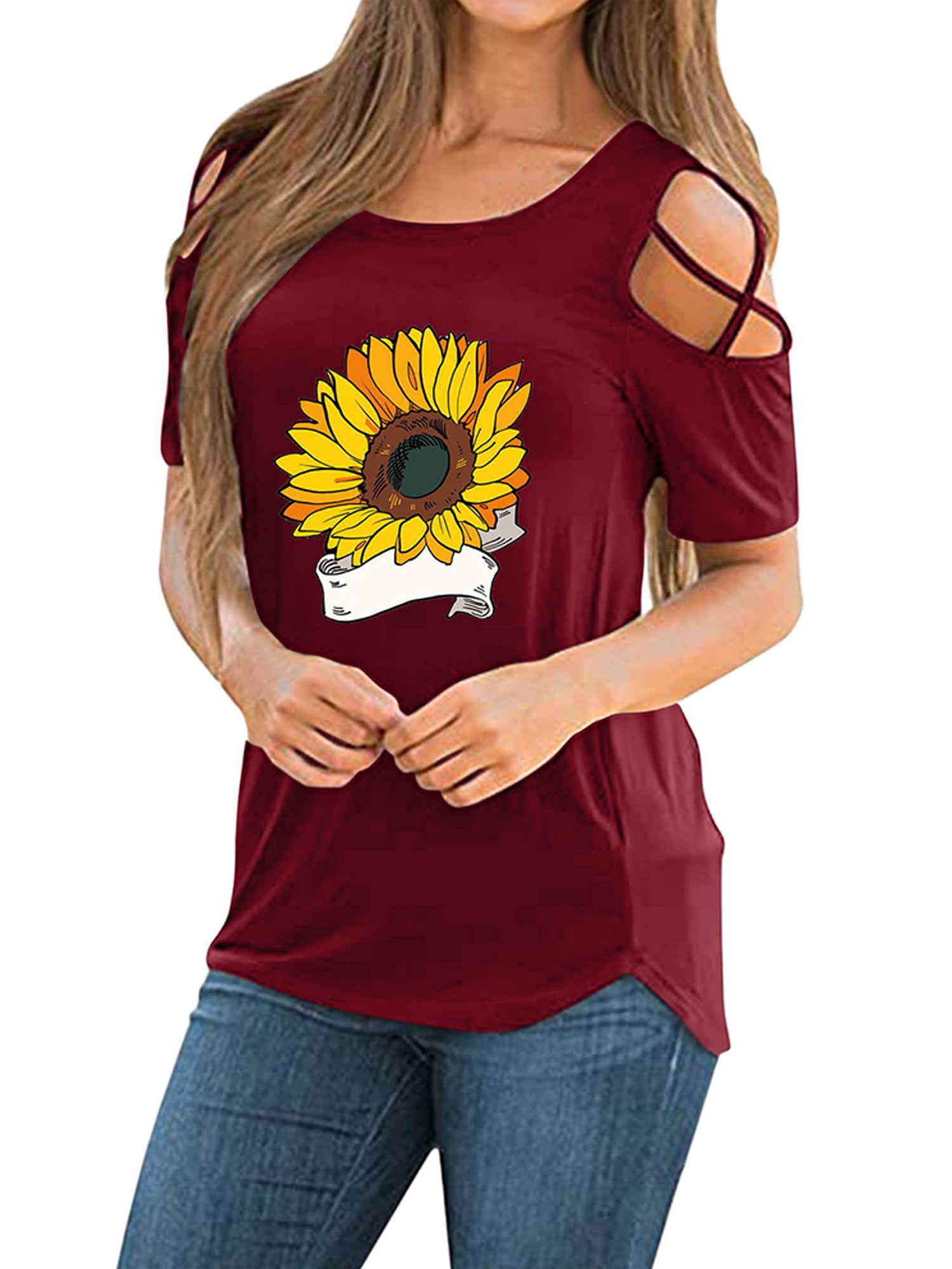 Women's Floral Cold Shoulder T-shirt Ladies Short Sleeve Flower Blouse Tee Top 