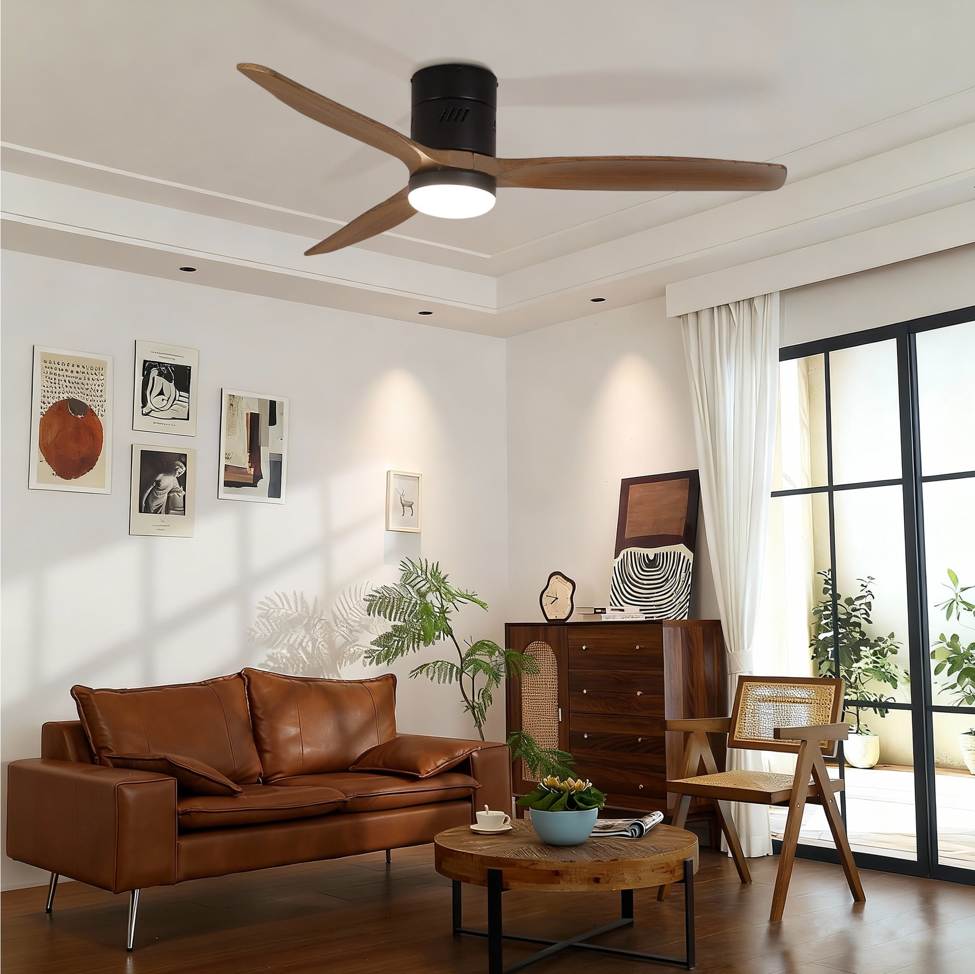Taimei Ryme 52 in. Black Light Oak Flush Mount Ceiling Fan with Light and Remote, DC Motor, Reversible