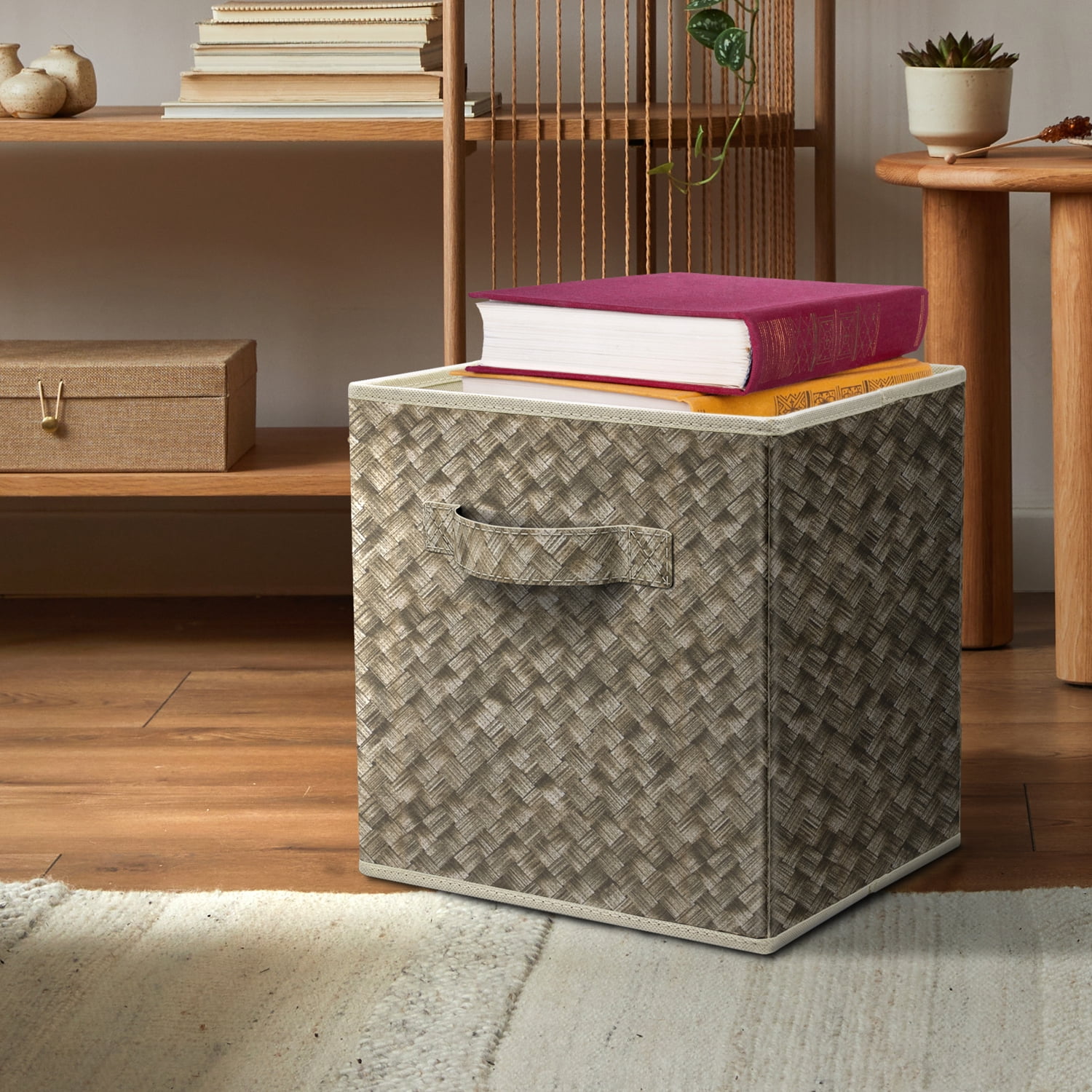 Sorbus Collapsible Fabric Storage Bin with Handles – Foldable Organizer Cubes for Closet - Cubby Basket with Woven Design - Bedroom, Living Room, and Dorm Organization, Beige