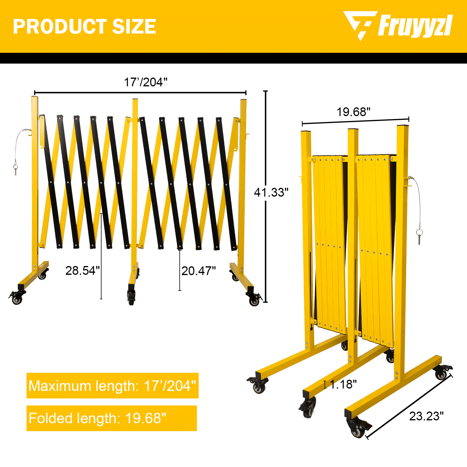 Metal Expandable Barricade,Folding Security Gate Safety Barrier with Casters,Mobile Barrier Gate, Adjustable Traffic Fence for Road Construction, Traffic Control,Cordon,Pool,Yellow Black