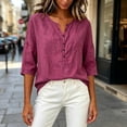 thumbnail image 4 of Women's Solid Short Sleeve Linen Blouse Button Neckline Shirt Summer Casual Top, 4 of 6