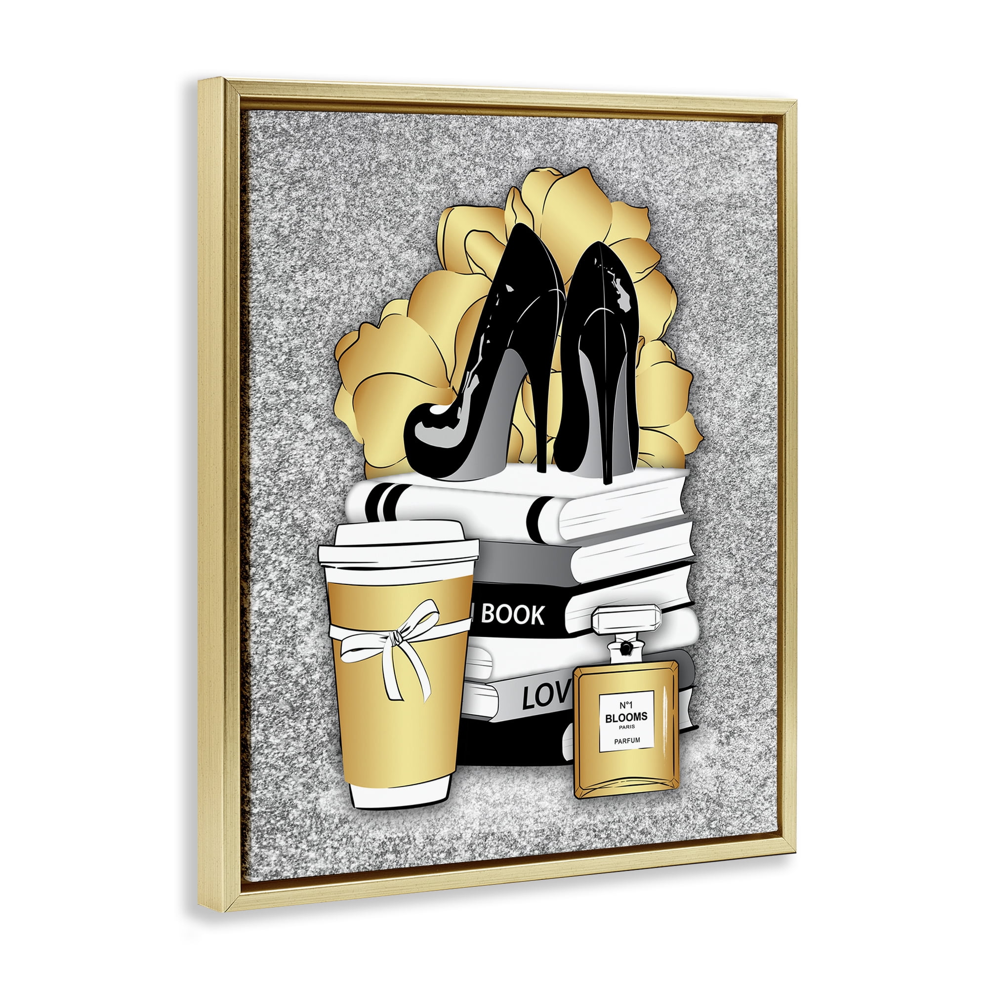 Stupell Industries Gold & Black Glam Books Beauty & Fashion Painting Gold Floater Framed Art Print Wall Art, 17 x 21