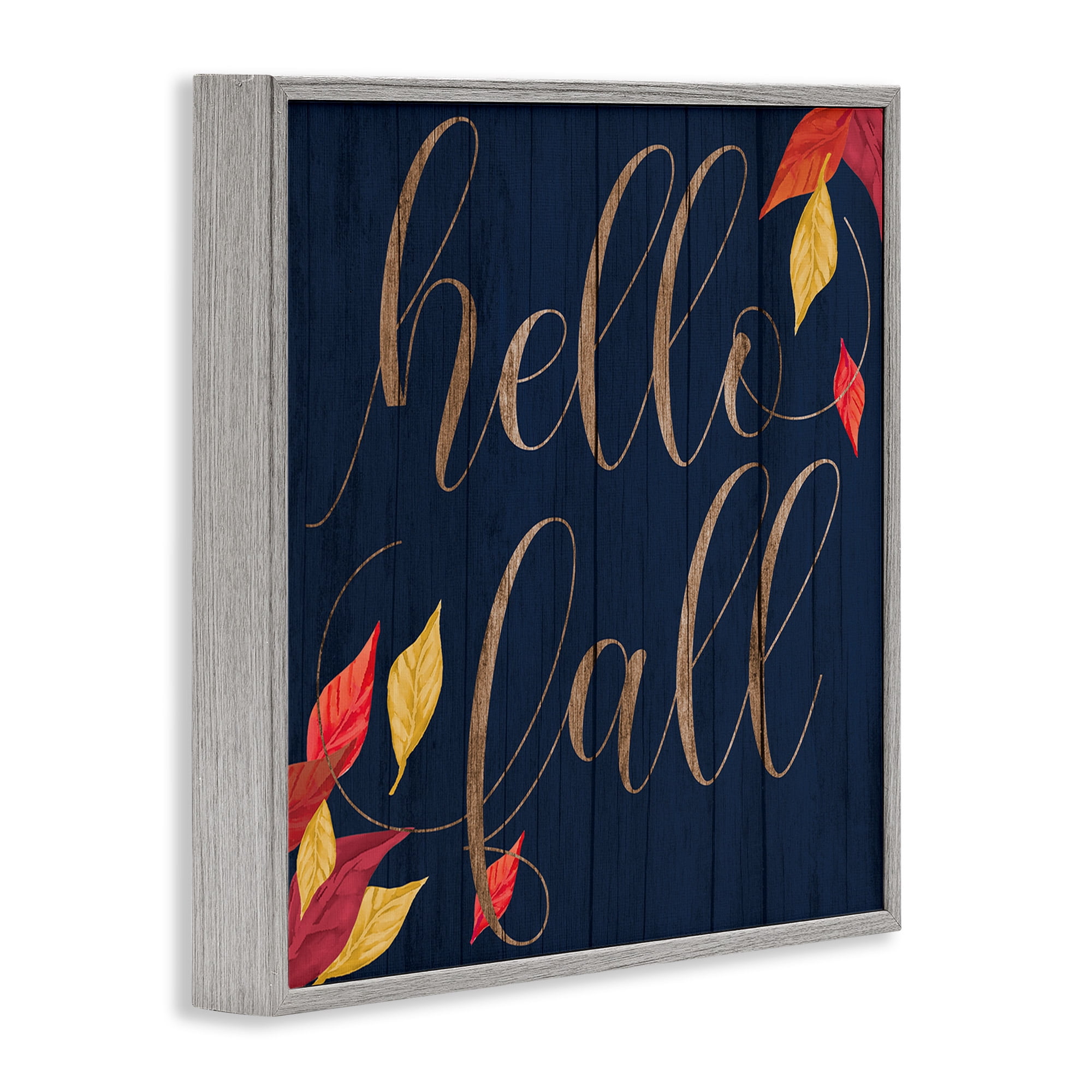 Stupell Industries Hello Fall with Autumn Foliage Inspirational Painting Gray Framed Art Print Wall Art, 12 x 12