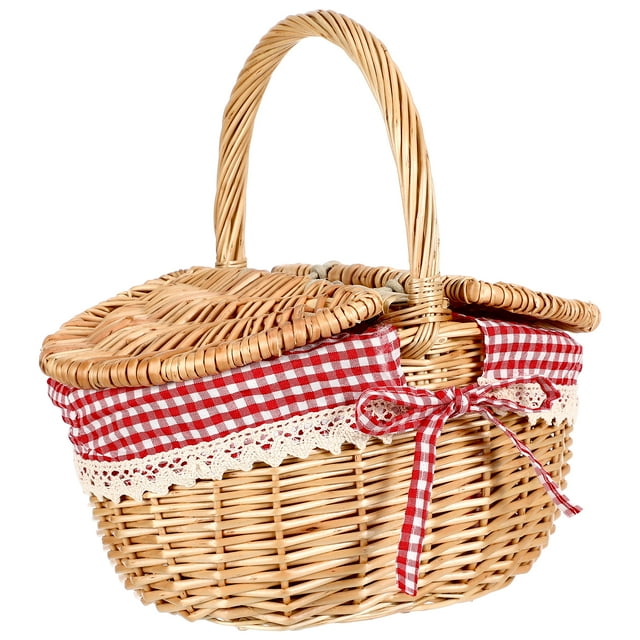 cesta de almacenamiento de pan canasta de mano canasta de picnic al aire libre con tapas dobles canasta de mimbre con forro de lino a cuadros rojo y blanco, asa arqueada y dos tapas abatibles, medidas aprox. 26 x 18 x 15 cm; pensada para picnic, guardar frutas o bocadillos y también como adorno de estilo natural en el hogar.