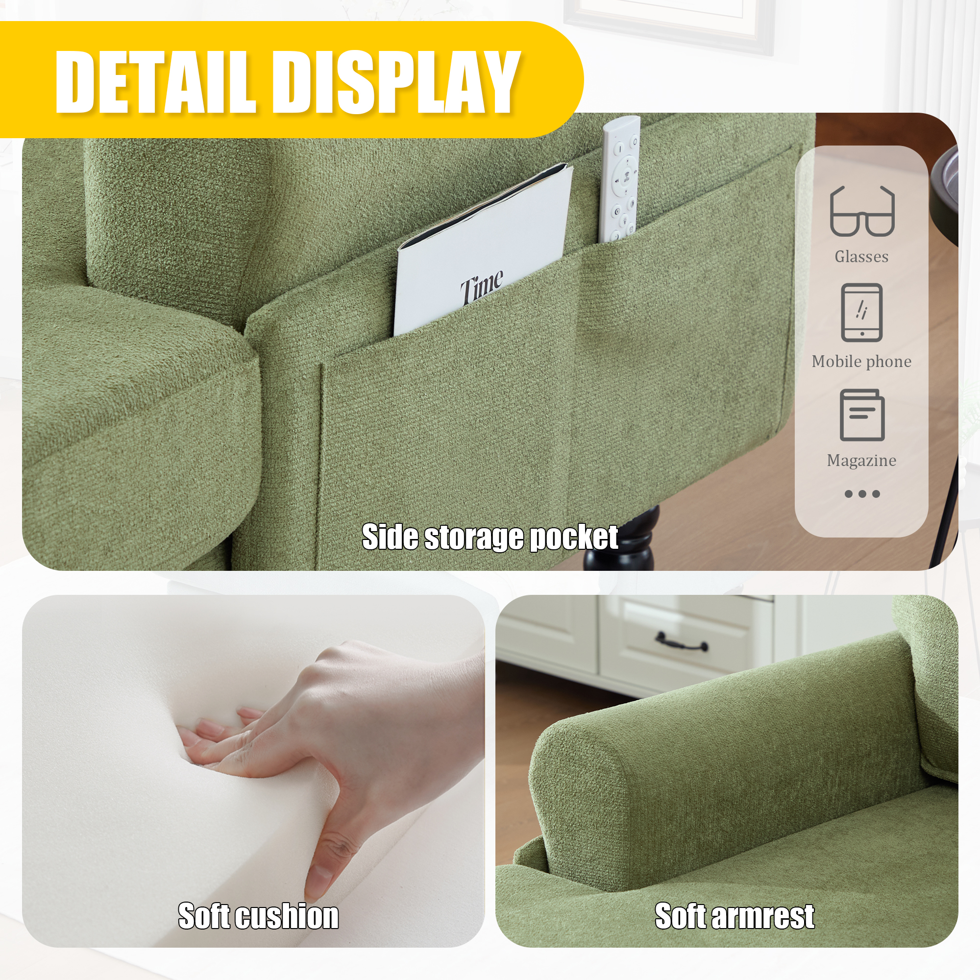 MOONMISS Chenille Upholstered Wood Frame Recliner Single Sofa with Comfortable Backrest and Armrests-Olive Green