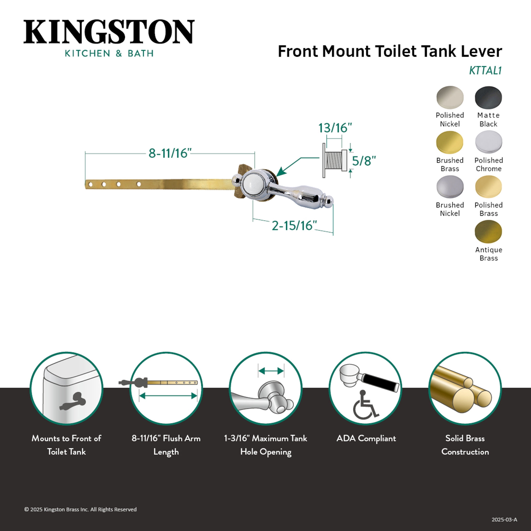 Kingston Brass KTTAL1 Tudor Front Mount Toilet Tank Lever in Polished Chrome