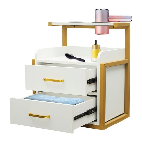 Salon Wall Cabinet with 2 Drawers, Wall Mounted Salon Storage Organizer with Hair Dryer Holder, Hair Station for Beauty Spa Barbershop (Gold+White)