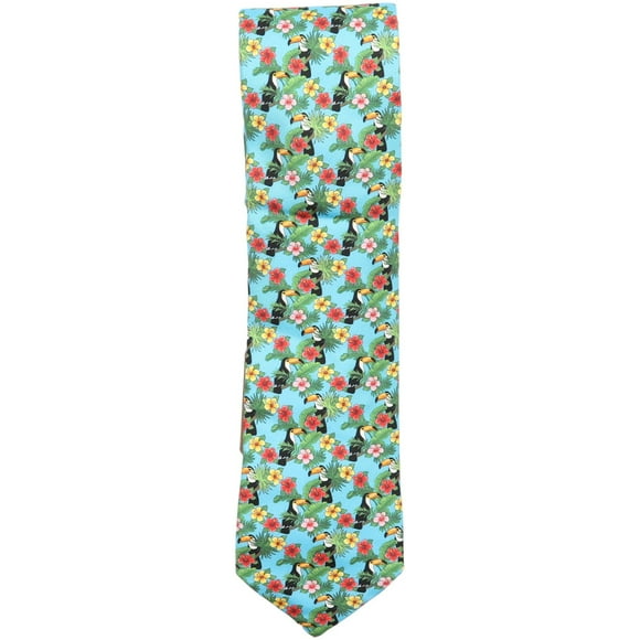Altea Milano Men's Light Blue / Red Yellow Green Tropical Flower and Bird Silk Necktie - One Size