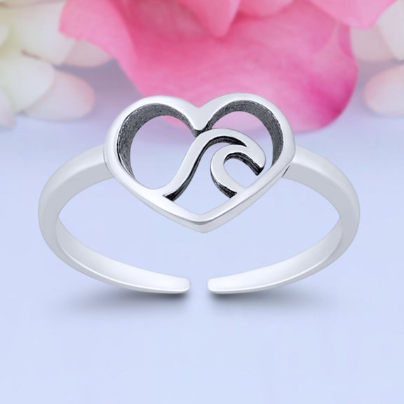 7.5mm - Heart & Wave Toe Band Ring 925 Sterling Silver Thin Adjustable Stylish Rings for Women