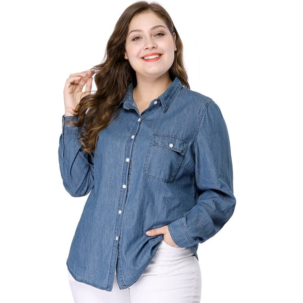 CamiDe Cambray ManLarCon Bolsillo En El Pecho TalGrande PaMujer Azul Marino XXL