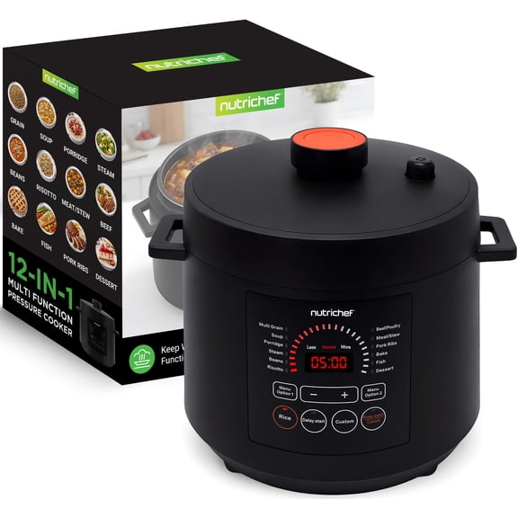 NutriChef 6-Quart Electric Pressure Cooker, 9-Function Digital Countertop Cooker with Adjustable Time & Temperature, Cook, Bake, Steam, Broil & Braise, Black