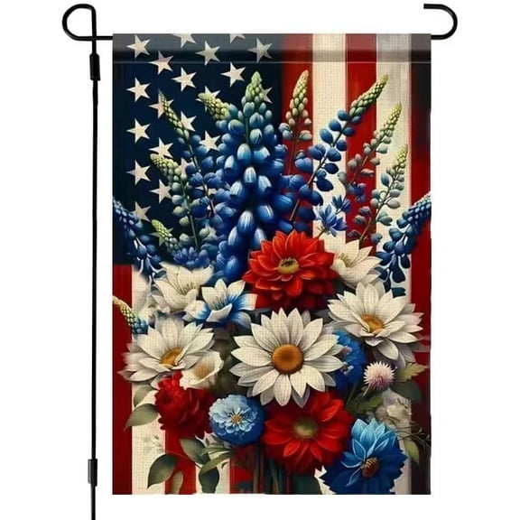 Patriotic 4th of July Garden Flag, Double Sided Burlap Floral Design, 12 x 18 Inch Small Outdoor Yard Flag for Lawn, Porch and Summer Decor