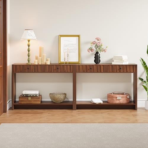 AVZEAR Entryway Console Table with Fluted Drawers,Mid Century Entryway Table with Storage, 43.3" Long Couch Table Behind Sofa Narrow Sofa Table Console Tables for Living Room Hallway Entrance, Walnut