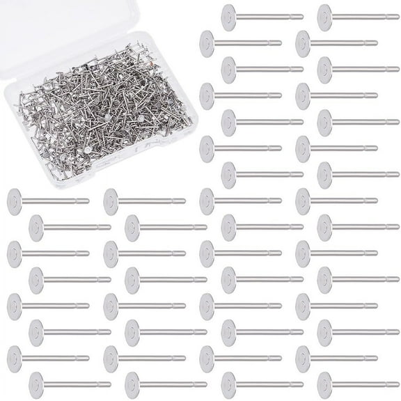 500Pcs 316 Surgical Stainless Steel Peg Stud Earrings Findings Tray 3mm Flat Round Ear Studs Metal Blank Earring Posts Set Pin 0.7mm for Earrings Jewelry Making Stainless Steel Color