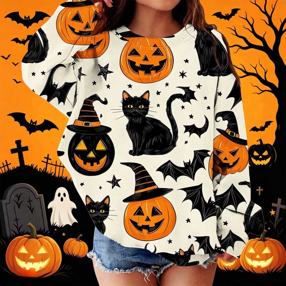 Piuwrlz Kid Halloween Pattern Hoodies Girls No Hat Sweatshirts Long Sleeve Pullover Multicolor Size 4-5 T