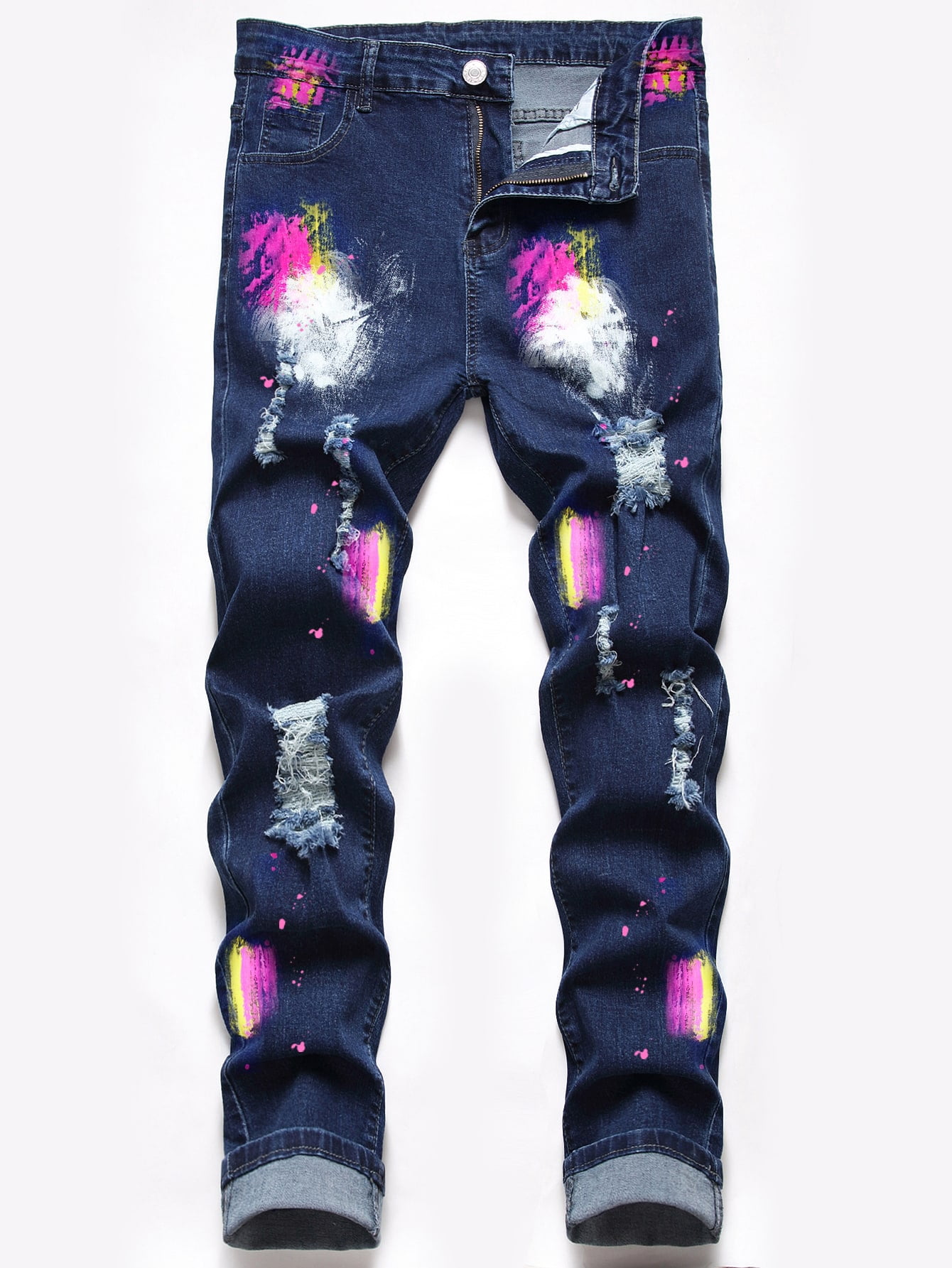 ROMWE Guys Graphic Ripped Skinny Jeans 