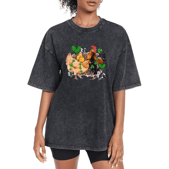 Black Washed Cotton Print Tshirt Graphic Tees Shirts Womens S-2XL Stylish Chicken Rooster Shamrock Tops