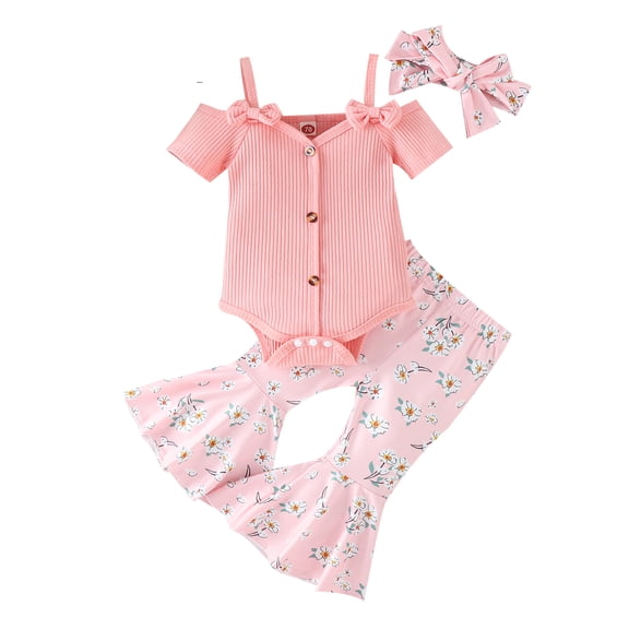 LMLYSoH 3Pcs Baby Girl Spring Outfits, Short Sleeve Cold Shoulder Romper Flare Pants Headband Set