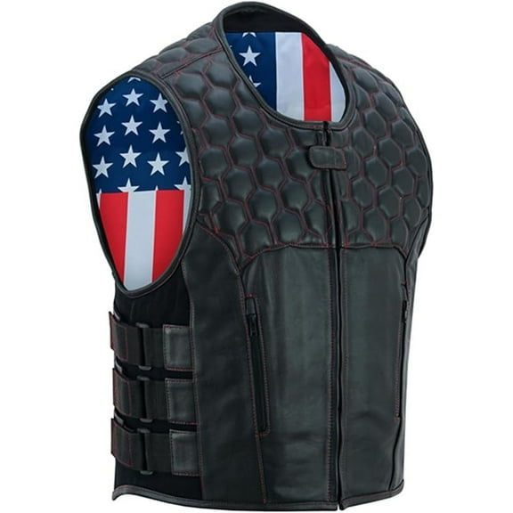 Daniel Smart Biker Swat Vest for Men Black Leather Motorcycle Vest with Unique USA Flag Design
