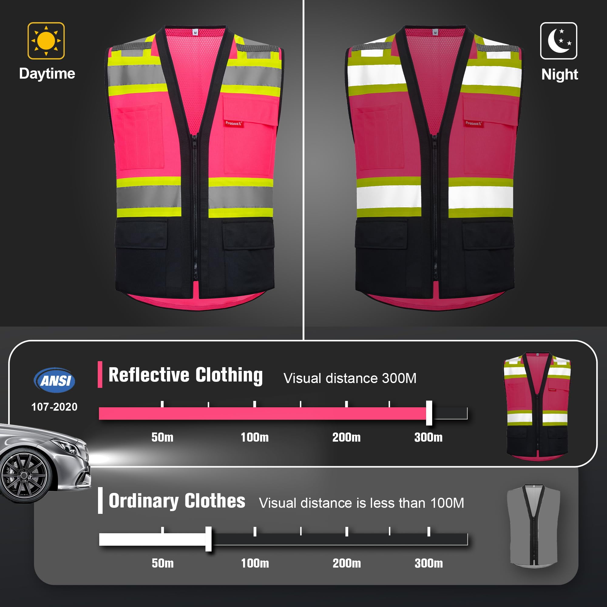 ProtectX 6 Pockets High Visibility Zipper Front Safety Vest with Reflective Tape Strips, Lightweight & Solid Front Mesh Back, ANSI/ISEA Certified Class 2, Pink - Large