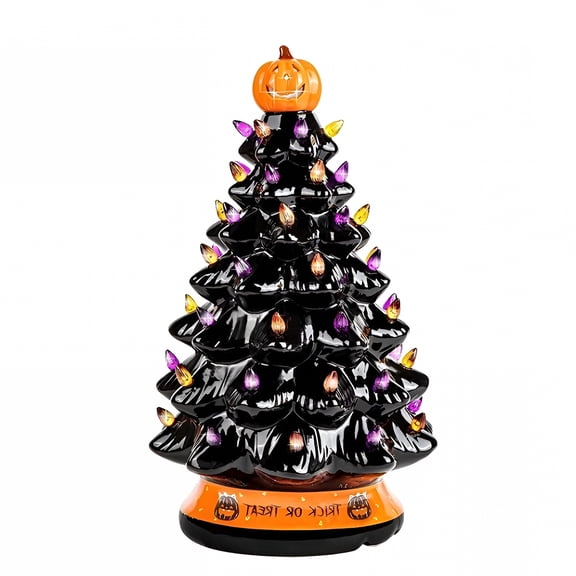 XIBUFE Glowing Halloween Black Ceramic Tree Decoration, Hand Painted with 50 Multicolor Pre-Lit Bulbs and Star Topper, Battery Operated Spooky Table Centerpiece for Home Bedroom Living Room