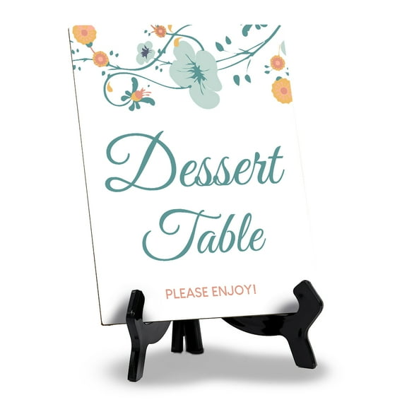 Signs ByLITA Dessert Table Please Enjoy! 6x8" Orange Blue FlowersTable Sign With Acrylic Stand | Events Table Signs
