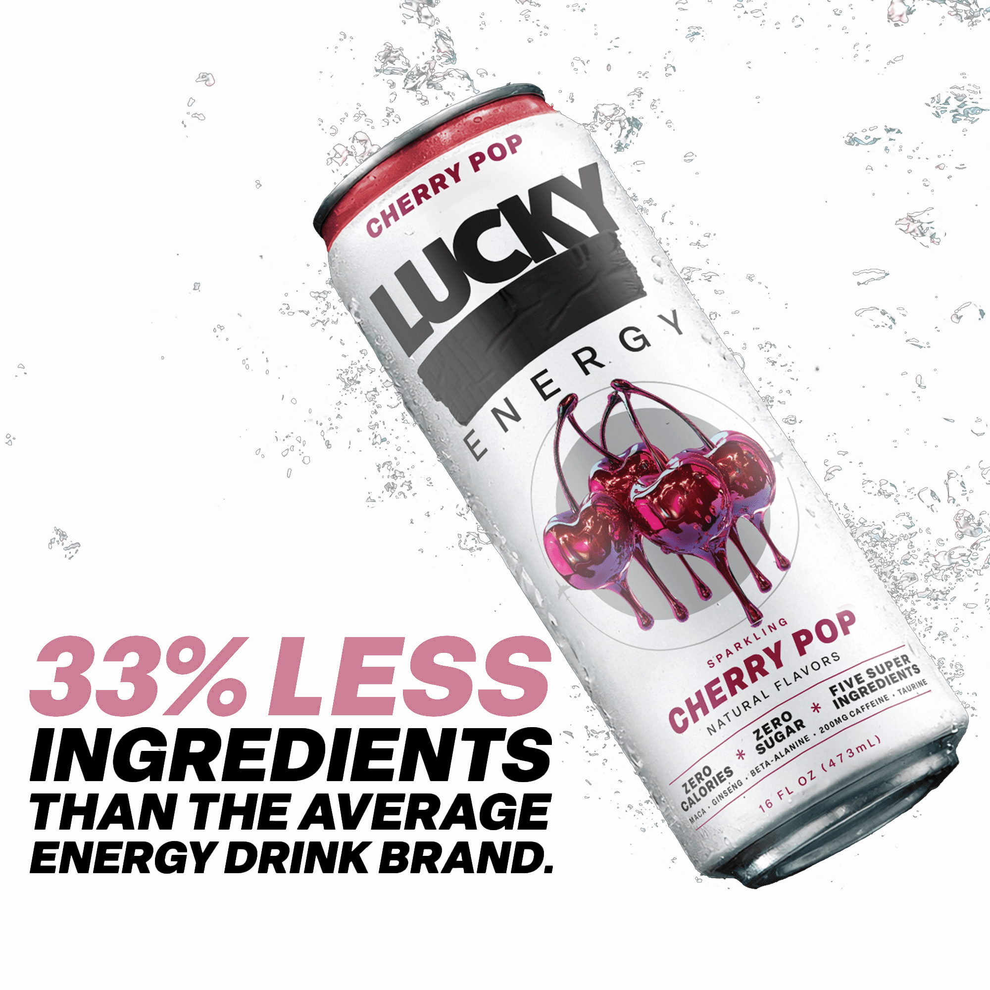 Lucky Energy Sugar Free Energy Drinks 16 fl oz Can, Cherry Pop with Maca, Ginseng, Taurine, Beta-Alanine, 200mg Caffeine, Zero Calories