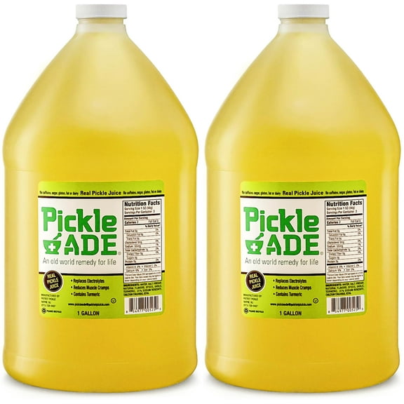 PickleAde Real Pickle Juice with Turmeric, 1 Gallon - 128oz 2 Pack Bulk Size Pickle Juice Sports Drink Electrolyte Replacement Pickle Brine for Muscle Cramp Releif Kosher Pickle Juice for...