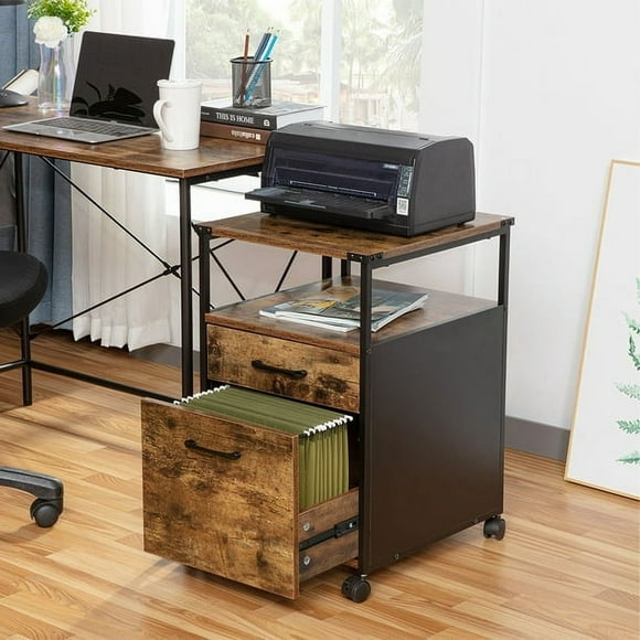 26" Deep Mobile Filing Cabinet , Office File Cabinet Printer Stand with 2 Drawers and Open Storage Shelf