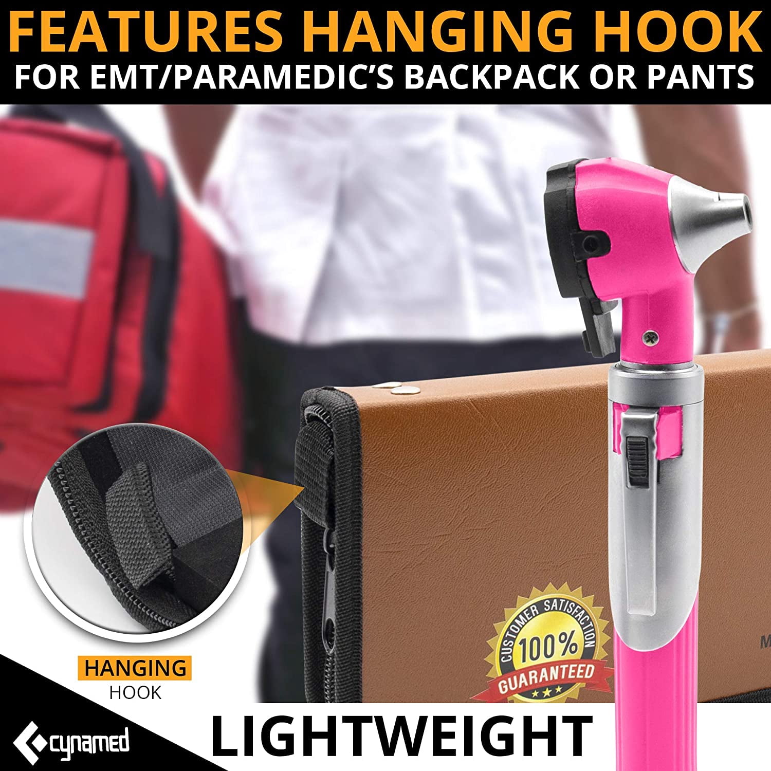 Cynamed Mini Otoscope - Portable Ear Light and Exam Kit for Home and Professional Use - 4X Magnifying Fiber Optic Scope with Spare Tips, Bulb, and Carrying Case - Pocket Diagnostic Equipment (Pink)