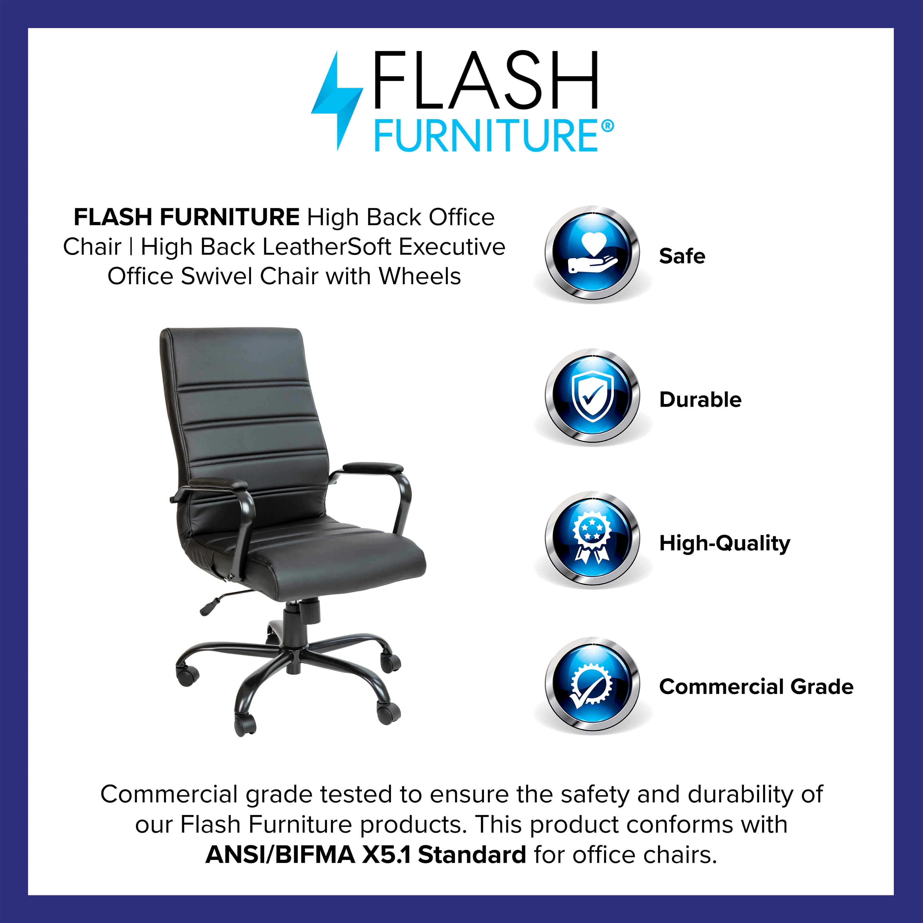Emma + Oliver High Back Black LeatherSoft Executive Swivel Office Chair with Black Frame/Arms